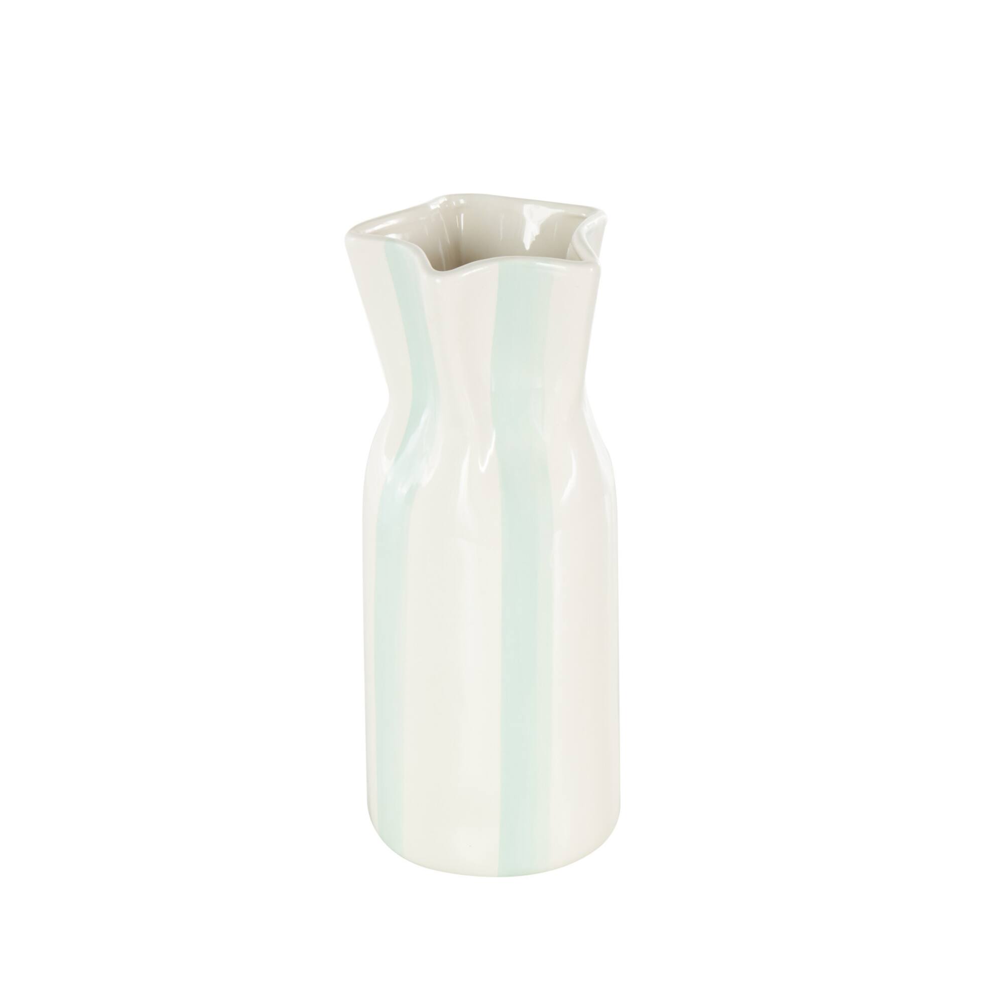 12" White & Teal Stripes Round Wide Ceramic Vase